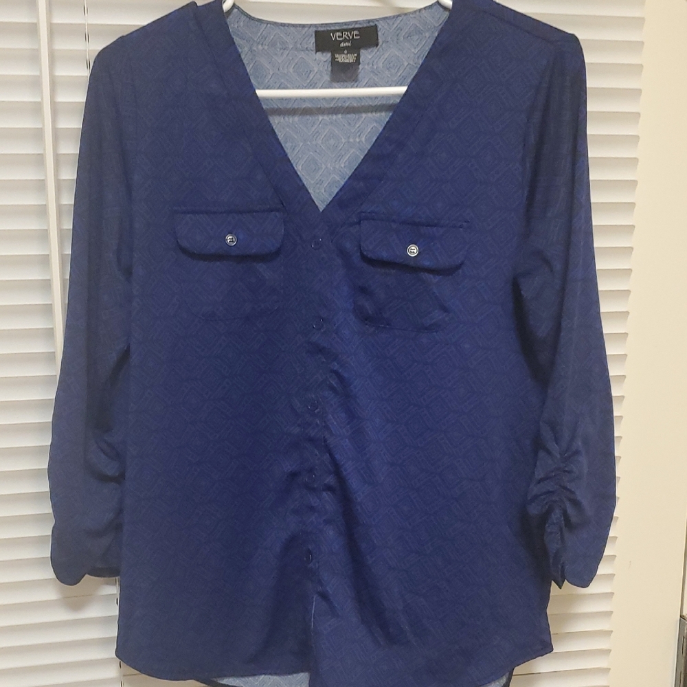 Blue Puff Sleeve Wrap Blouse